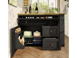 Mueble de bar extensible giratorio - con 2 puertas, 2 cajones y 3 nichos - MDF - 138/204×39×105cm - Negro