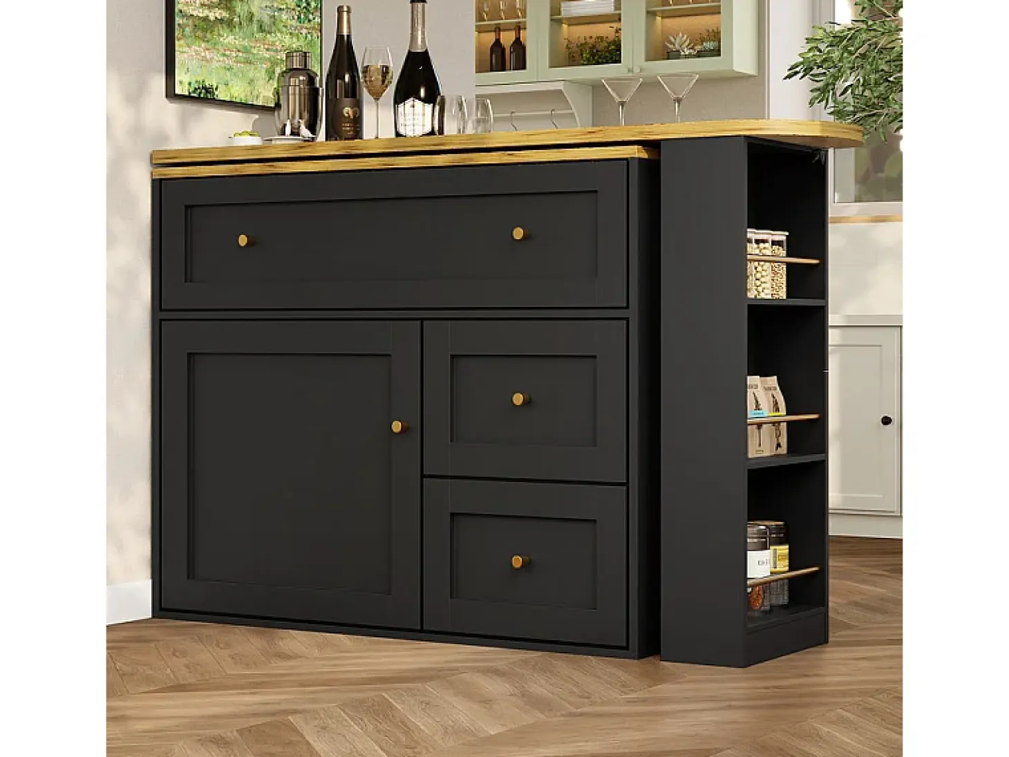 Mueble de bar extensible giratorio - con 2 puertas, 2 cajones y 3 nichos - MDF - 138/204×39×105cm - Negro