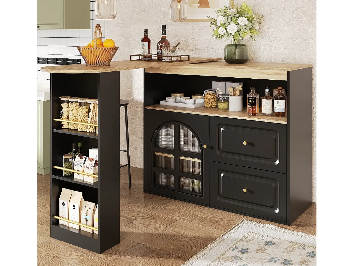 Mueble de bar giratorio 360° y plegable - con 2 cajones y 1 puerta - estantes abiertos - negro + natural