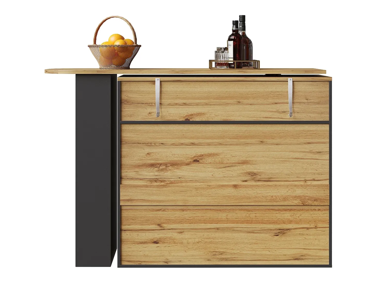 Mueble de bar giratorio 360° y plegable - con 1 cajón y 2 puertas - estantes abiertos - negro + natural