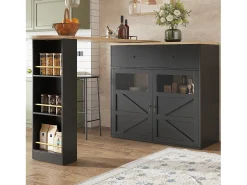 Mueble de bar giratorio 360° y plegable - con 1 cajón y 2 puertas - estantes abiertos - negro + natural