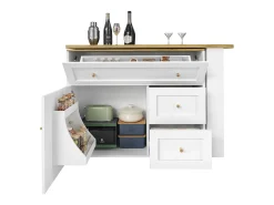 Mueble de bar giratorio moderno 360° - 204×39×105 cm - 2 cajones y 2 puertas - con estantes laterales - mesa extensible - blanco