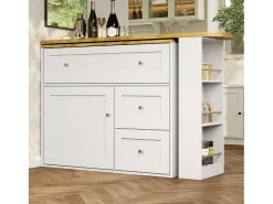 Mueble de bar giratorio moderno 360° - 204×39×105 cm - 2 cajones y 2 puertas - con estantes laterales - mesa extensible - blanco