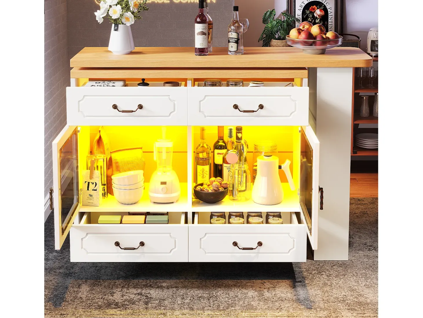 Mueble de bar moderno giratorio 360° - con LED - 203x39x93 cm - 4 cajones y 2 puertas - con estantes laterales - blanco
