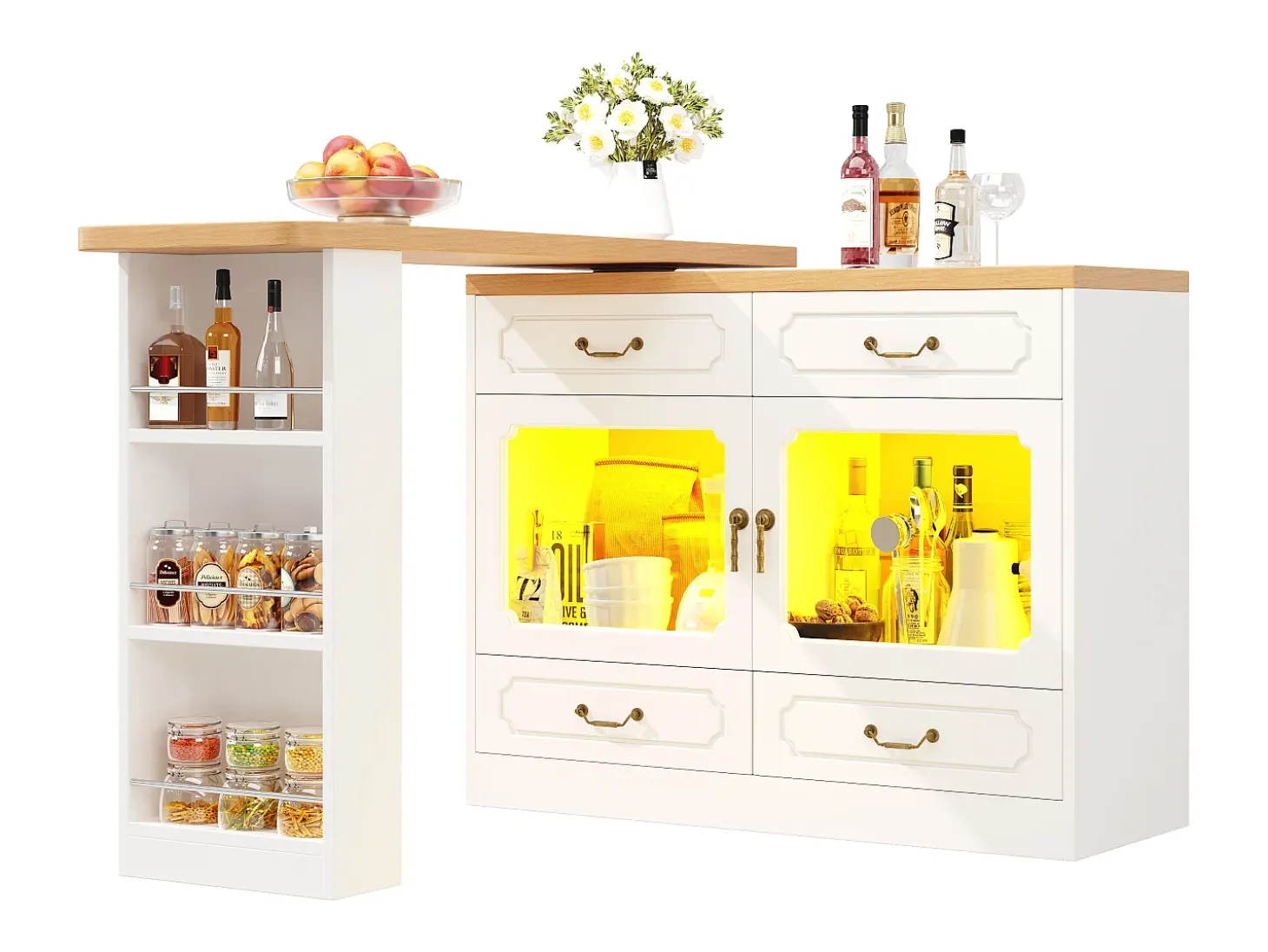 Mueble de bar moderno giratorio 360° - con LED - 203x39x93 cm - 4 cajones y 2 puertas - con estantes laterales - blanco