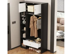 Mueble de entrada compacto - 105 x 40 x 185 cm - con 2 puertas + 6 compartimentos + barra de colgar + cajón - aglomerado - blanco + negro