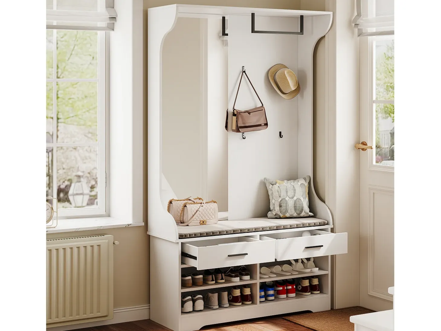 Mueble de entrada con espejo, ganchos, barra y zapatero
