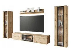 Mueble de salón moderno – mate, 2 vitrinas y mueble TV 180 cm roble Wotan