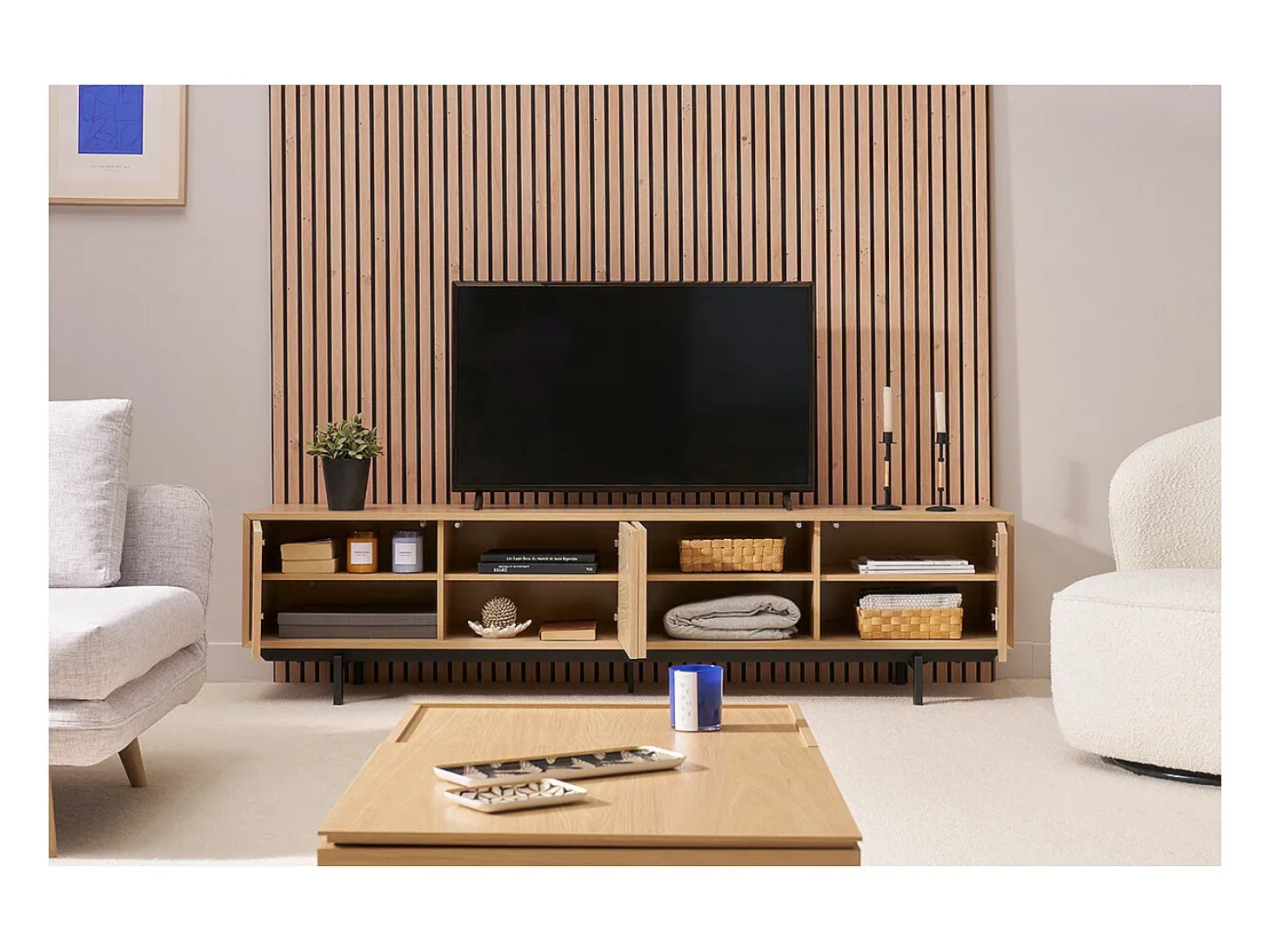 Mueble de televisión acabado en madera de roble y metal negro L200 cm MANNY