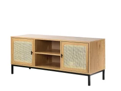 Mueble de TV 2 puertas con rejilla de ratán y 2 baldas - 120 cm de largo