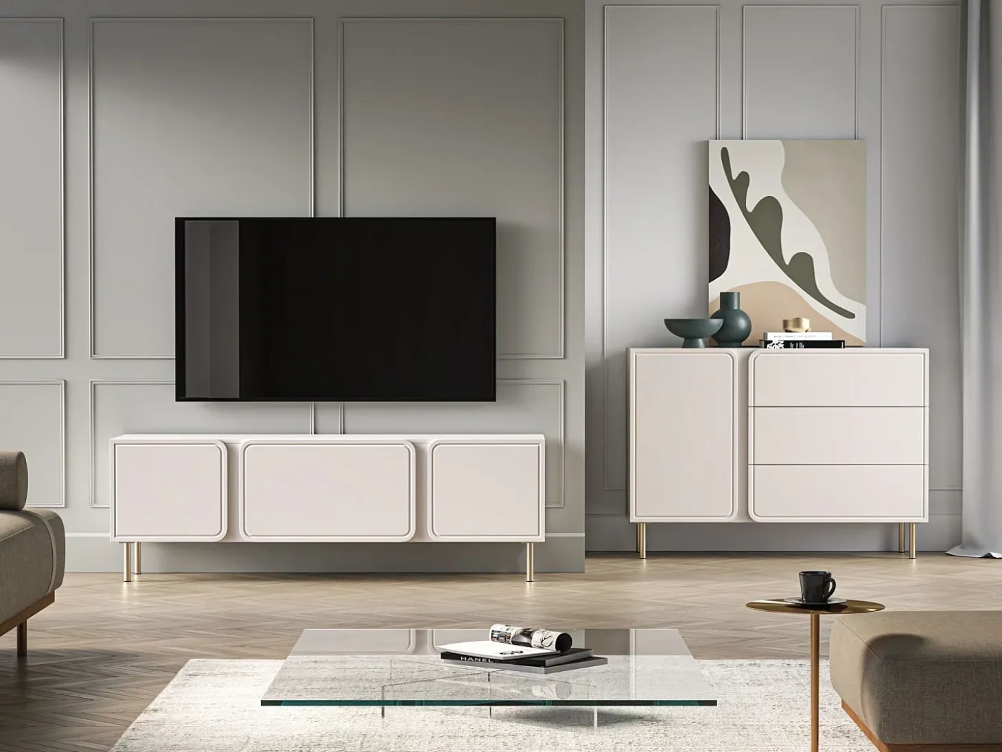 Mueble de TV 2 puertas con abatible – beige cachemira – 160 cm – LOPPA
