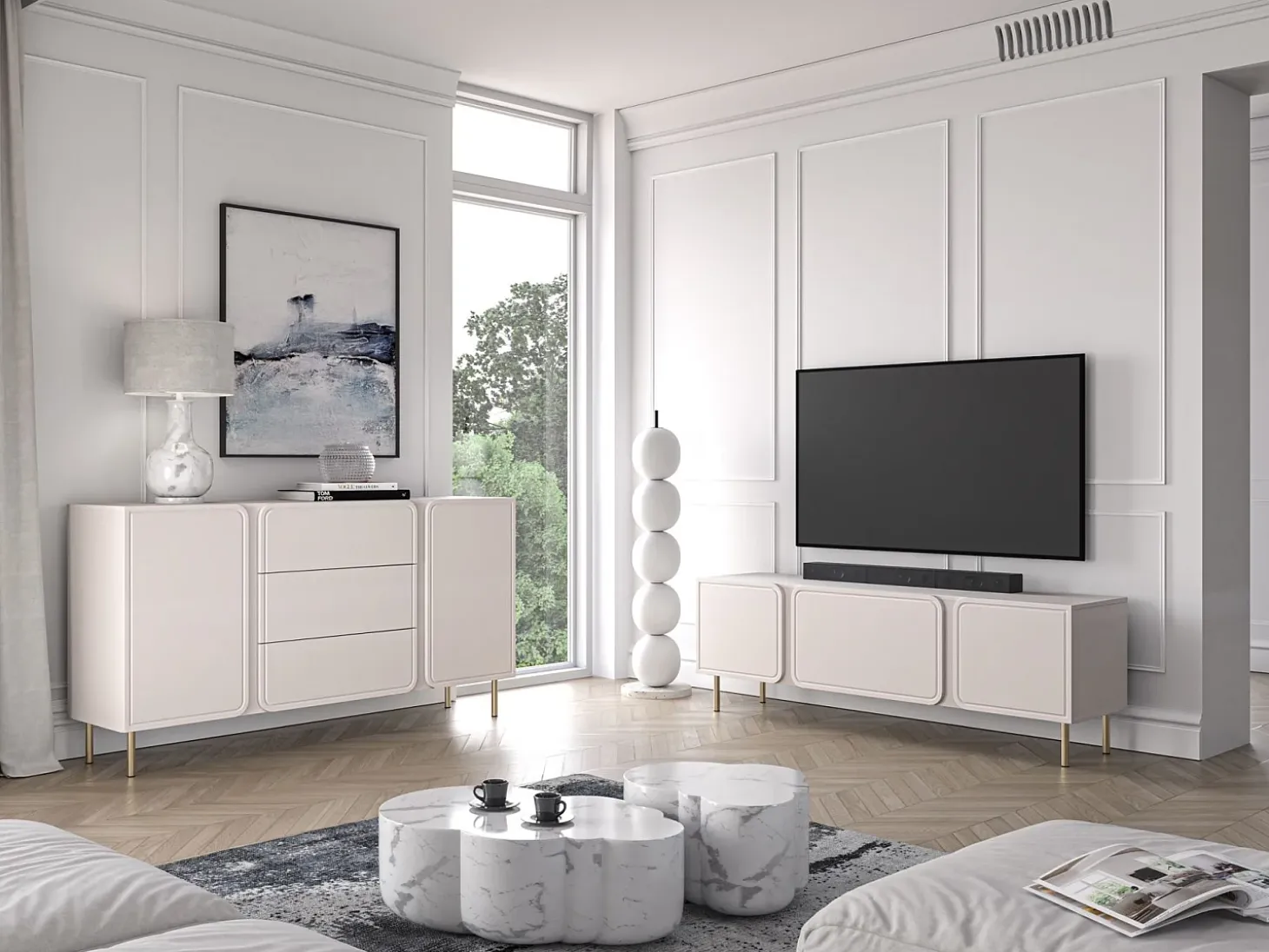 Mueble de TV 2 puertas con abatible – beige cachemira – 160 cm – LOPPA