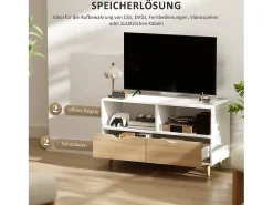 Mueble de TV bajo con 2 estantes, cajón, 99 cm de largo, mesa de TV para televisión, para salón, color blanco