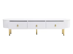 Mueble de TV blanco - Mueble de TV para sala de estar con 3 cajones de almacenamiento - tiradores y patas dorados
