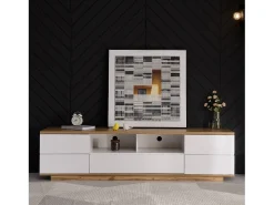 Mueble de TV blanco, mueble de TV con espacio de almacenaje y acabado veta madera, para salón, 180 x 38 x 46 cm