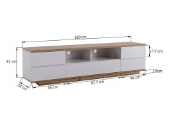 Mueble de TV blanco, mueble de TV con espacio de almacenaje y acabado veta madera, para salón, 180 x 38 x 46 cm