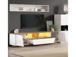 Mueble de TV brillante - 180 x 40 x 46 cm - con 2 cajones + 2 puertas Mueble de TV + LED - aglomerado - blanco
