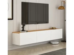 Mueble de TV Colgante 150cm Blanco y Madera con Armarios - Diseño Moderno y Elegante