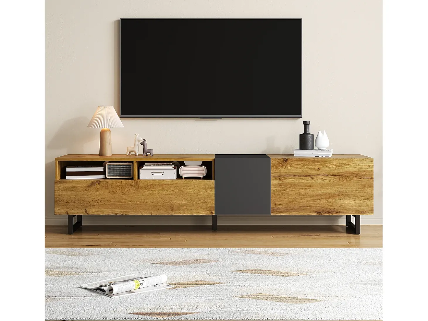 Mueble de TV Colorblock - 170 x 36,5 x 42 cm - con 3 puertas + 2 estantes - aglomerado - natural