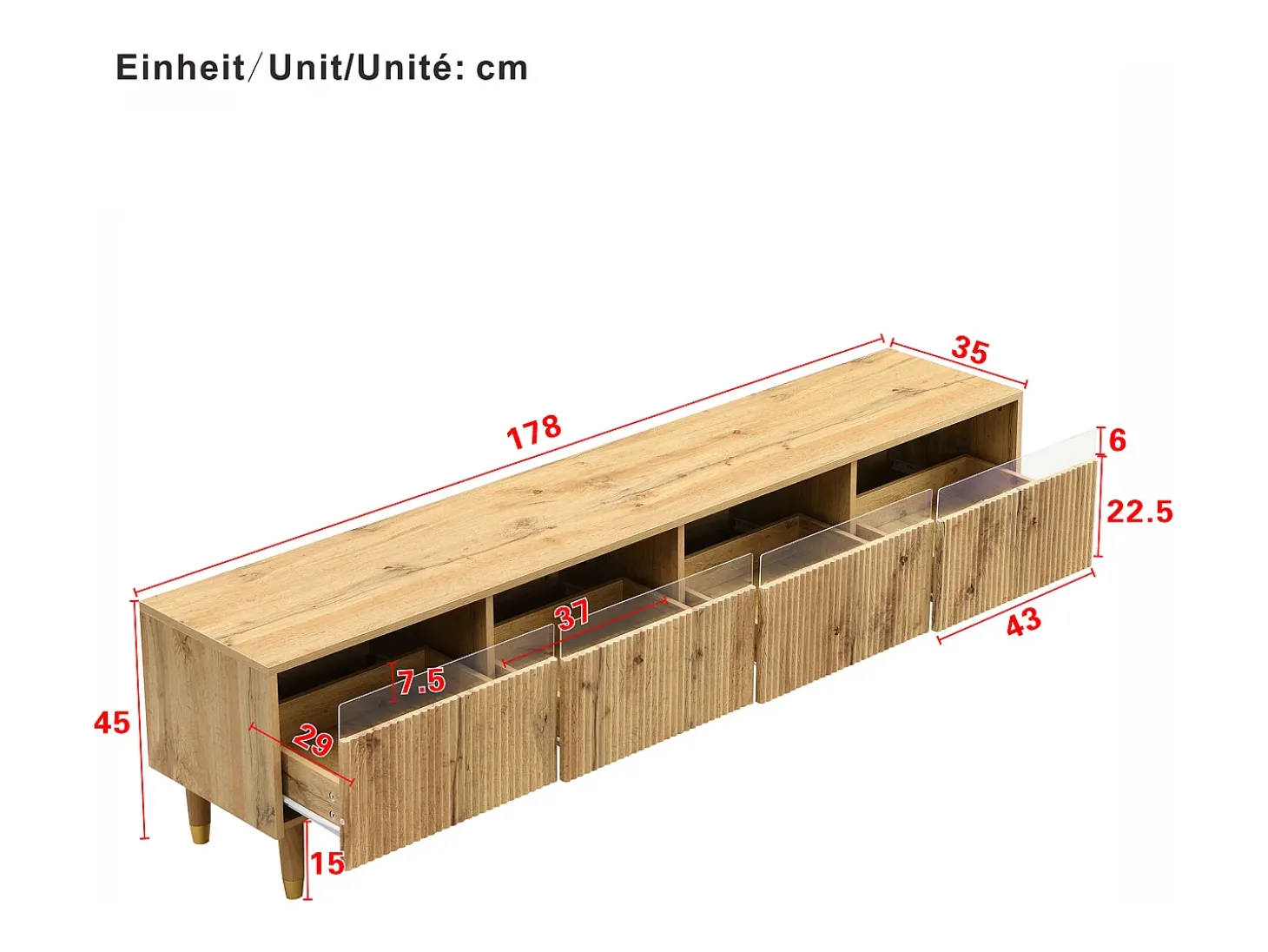Mueble de TV con 4 cajones - Mueble de TV con iluminación LED y 5 patas de madera - madera - para salón
