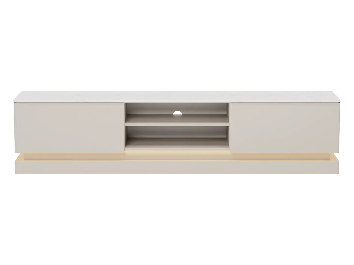 Mueble de TV con 2 cajones y 2 estantes con luces LED en MDF - Beige y efecto mármol blanco - DEVIKA