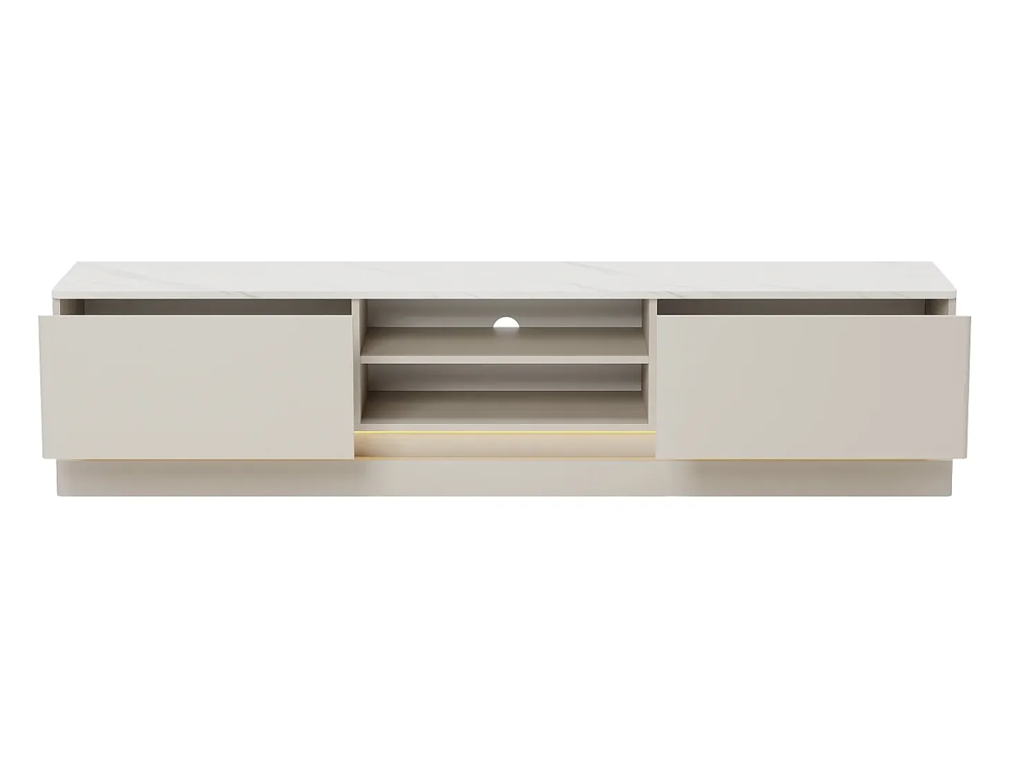 Mueble de TV con 2 cajones y 2 estantes con luces LED en MDF - Beige y efecto mármol blanco - DEVIKA