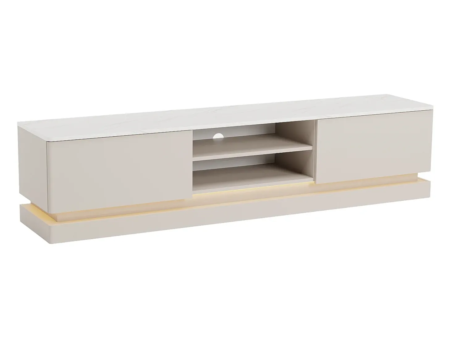 Mueble de TV con 2 cajones y 2 estantes con luces LED en MDF - Beige y efecto mármol blanco - DEVIKA