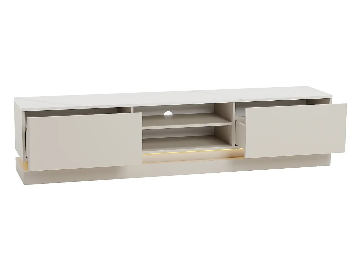Mueble de TV con 2 cajones y 2 estantes con luces LED en MDF - Beige y efecto mármol blanco - DEVIKA