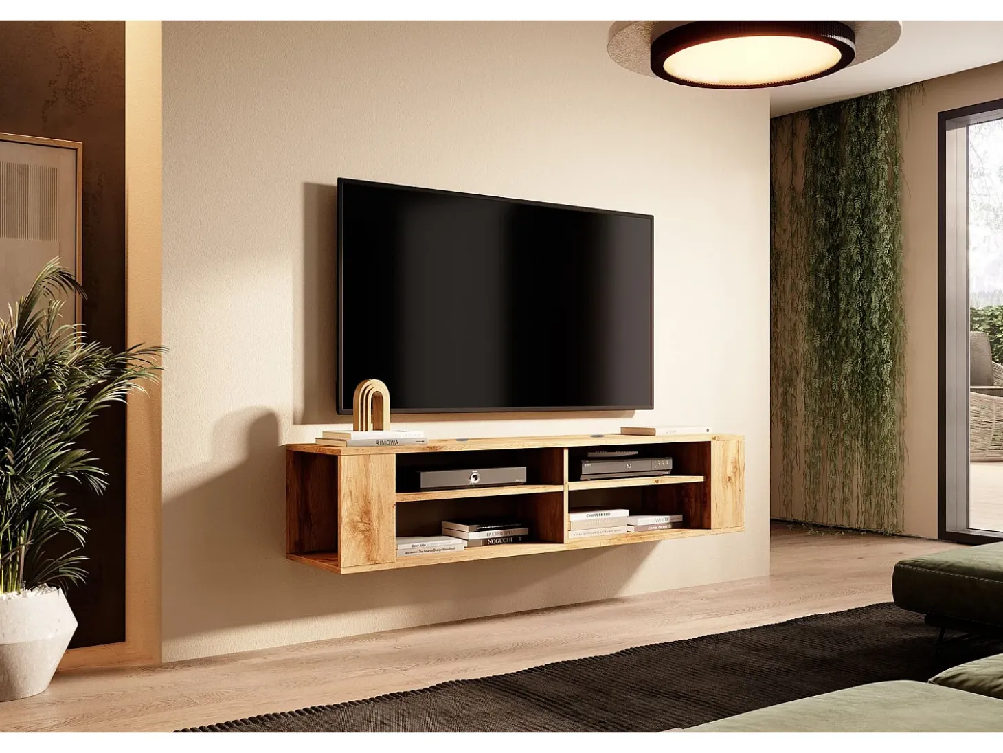 Mueble de TV con 4 compartimentos - Imitación roble - 140 cm - WALL