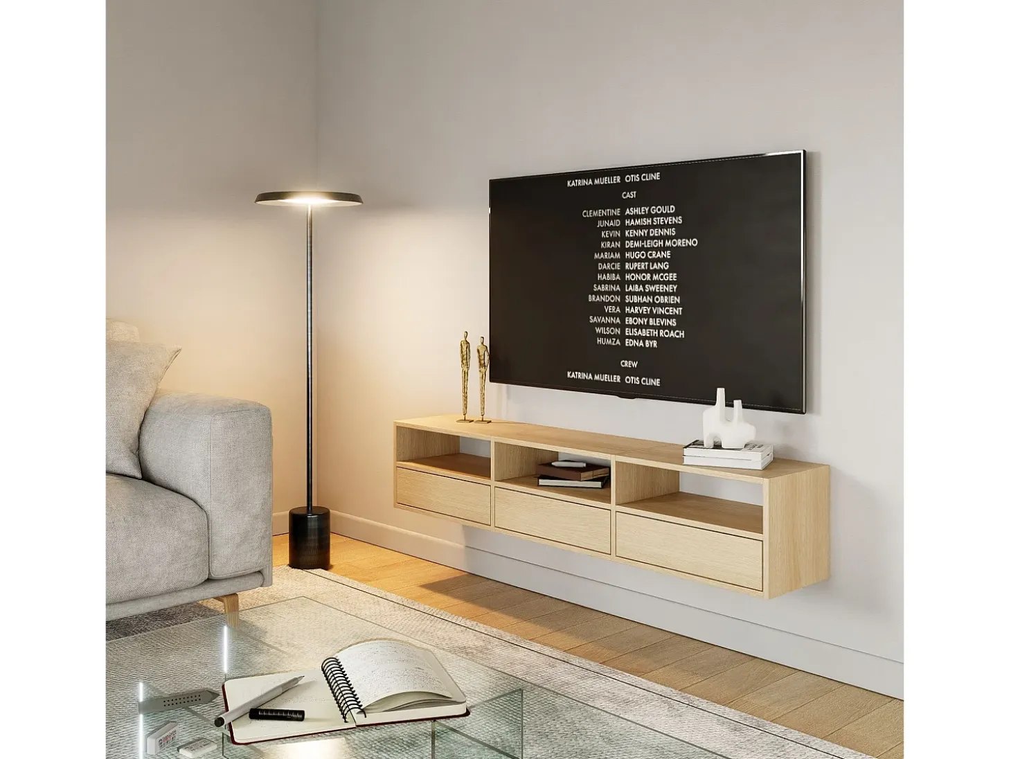 Mueble de TV con 3 puertas y estantes – acabado roble – 150 cm – FRAMME