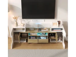 Mueble de TV con 4 puertas y 2 cajones - 145 x 30 x 51 cm - LEDs - Tablero de partículas - Blanco+Oro