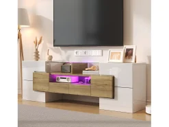 Mueble de TV con 4 puertas y 2 cajones - 145 x 30 x 51 cm - LEDs - Tablero de partículas - Blanco+Oro