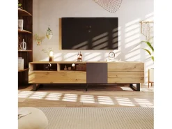 Mueble de TV con 2 puertas, 2 cajones y 2 nichos, roble y gris, patas de metal negro