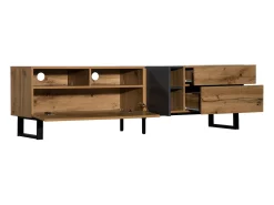 Mueble de TV con 2 puertas, 2 cajones y 2 nichos, roble y gris, patas de metal negro
