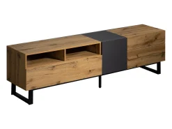 Mueble de TV con 2 puertas, 2 cajones y 2 nichos, roble y gris, patas de metal negro