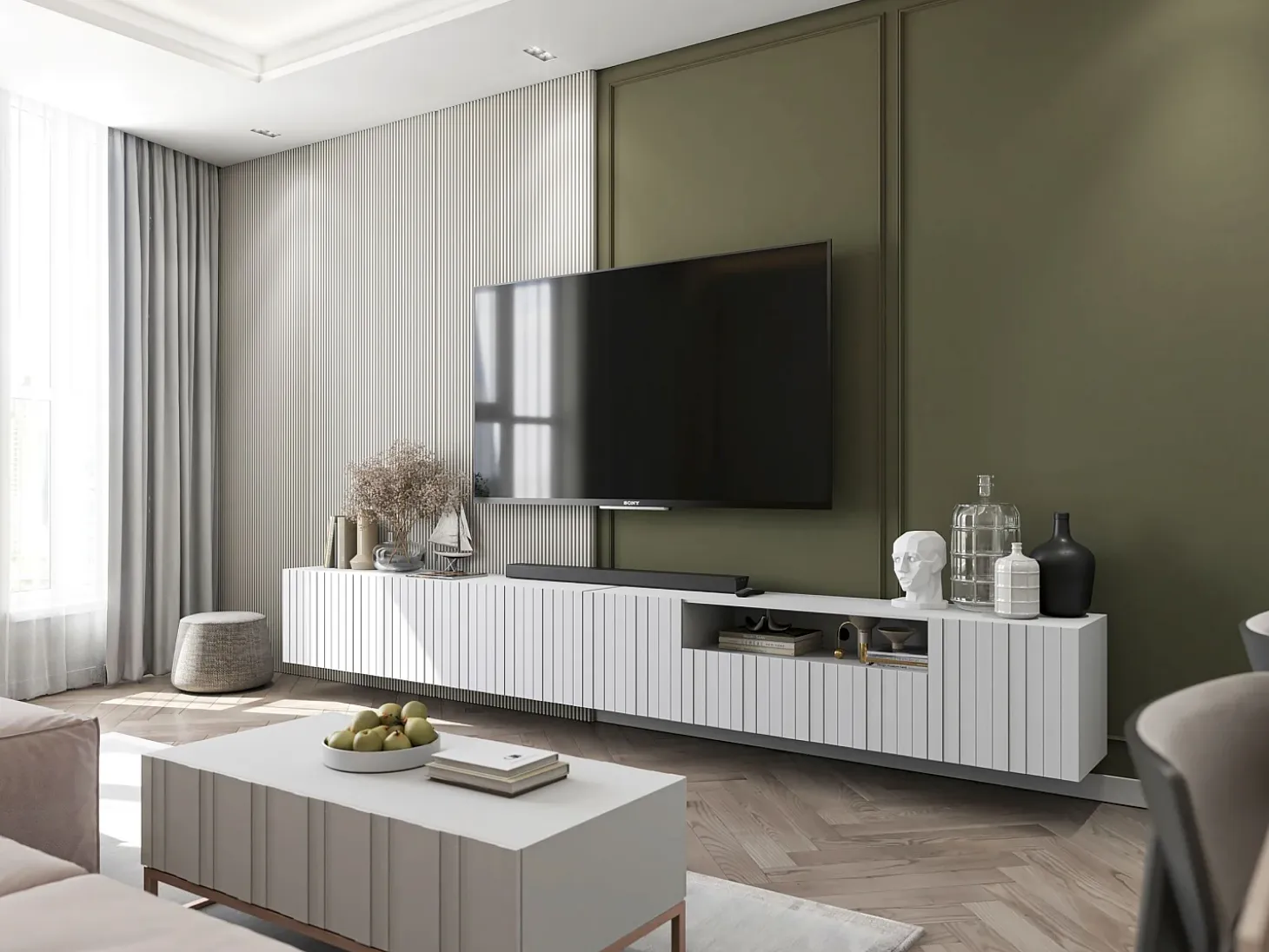 Mueble de TV con 3 puertas y nicho - Cuerpo Blanco mate, frentes estriados Blanco mate - 150 cm