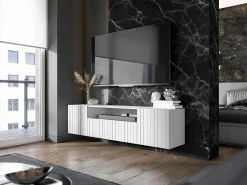 Mueble de TV con 3 puertas y nicho - Cuerpo Blanco mate, frentes estriados Blanco mate - 150 cm