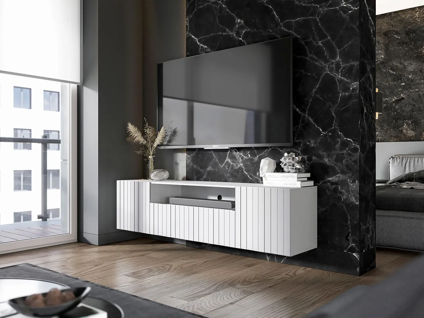 Mueble de TV con 3 puertas y nicho - Cuerpo Blanco mate, frentes estriados Blanco mate - 150 cm