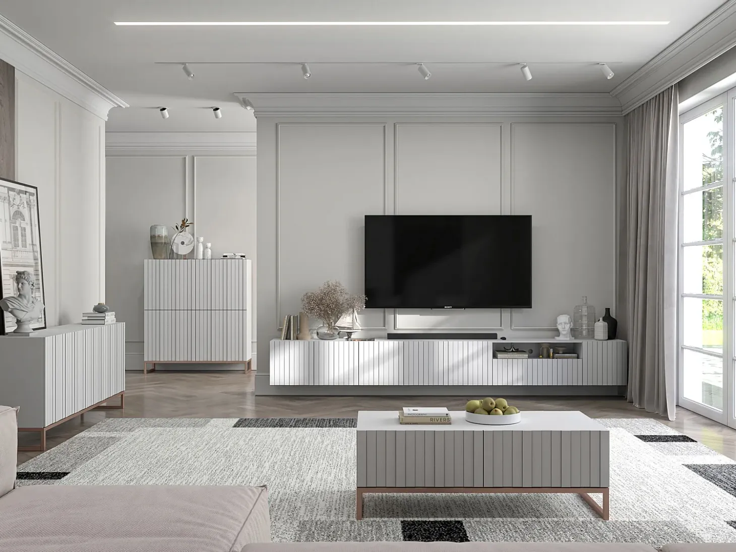 Mueble de TV con 3 puertas y nicho - Cuerpo Blanco mate, frentes estriados Blanco mate - 150 cm