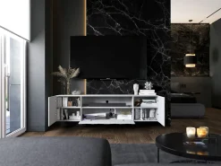 Mueble de TV con 3 puertas y nicho - Cuerpo Blanco mate, frentes estriados Blanco mate - 150 cm