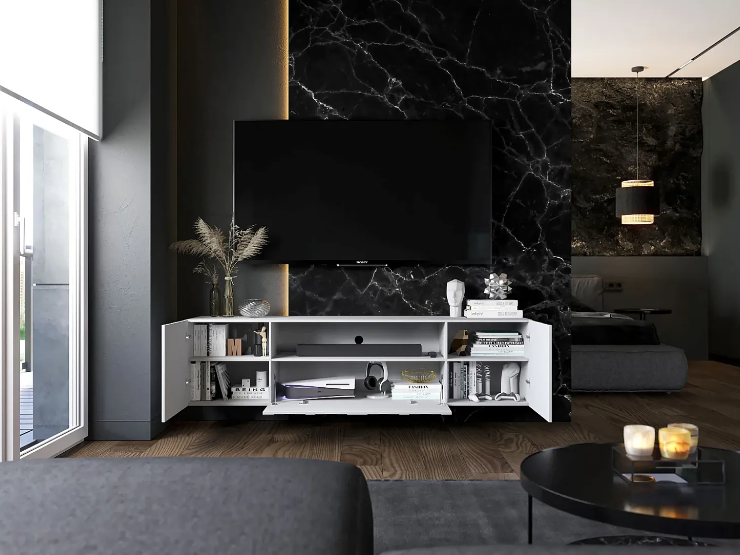Mueble de TV con 3 puertas y nicho - Cuerpo Blanco mate, frentes estriados Blanco mate - 150 cm