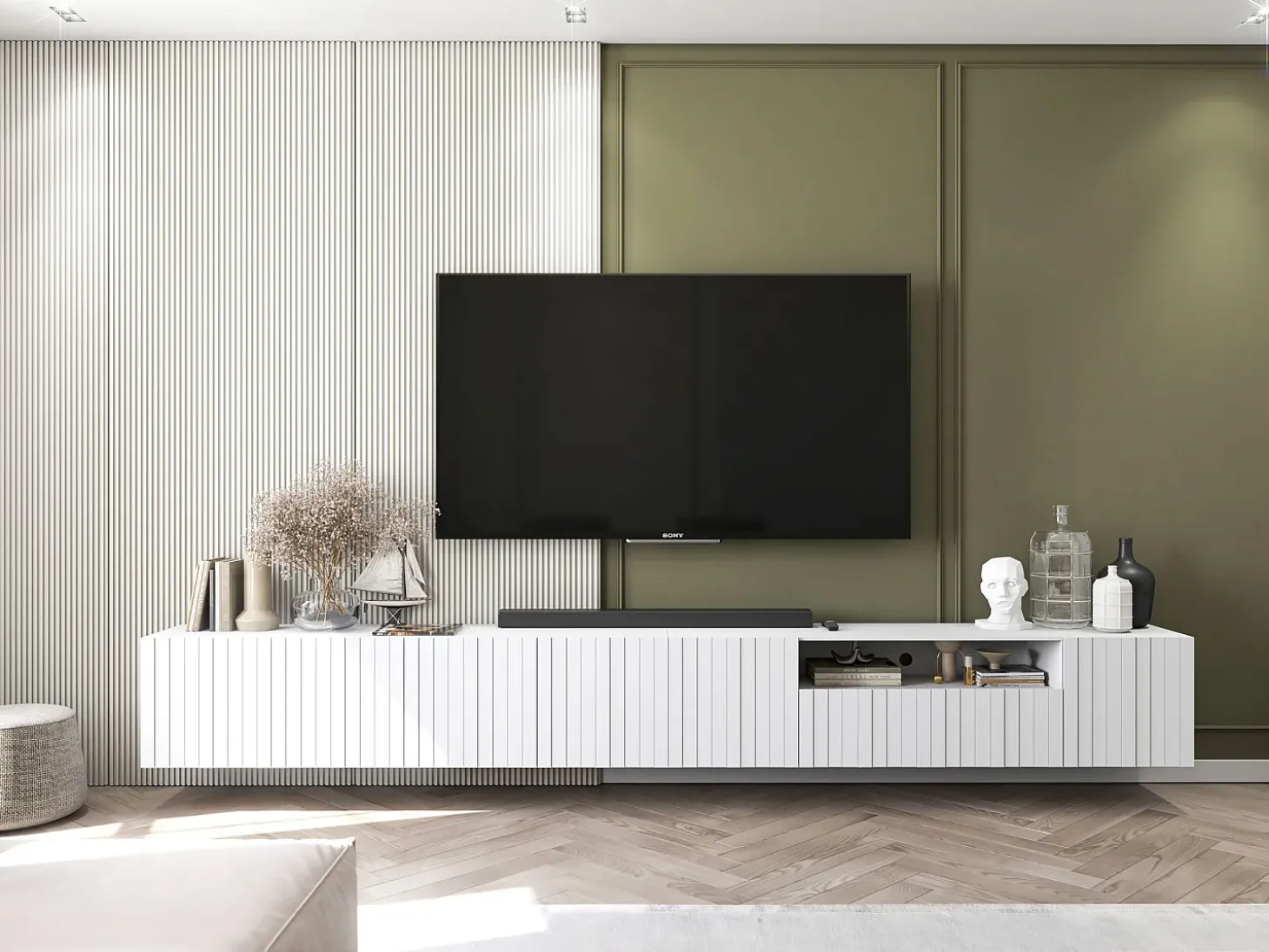 Mueble de TV con 3 puertas y nicho - Cuerpo Blanco mate, frentes estriados Blanco mate - 150 cm