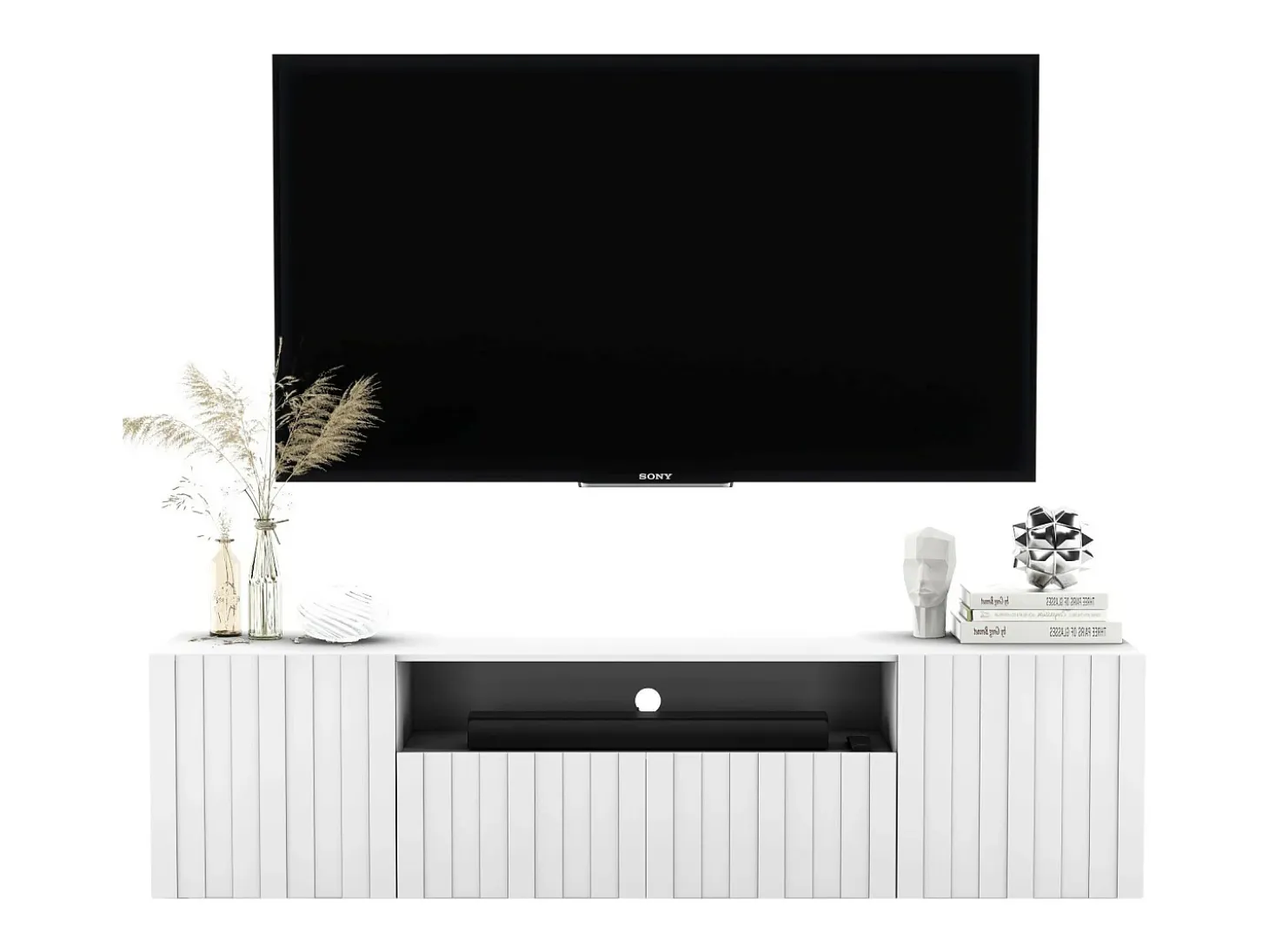 Mueble de TV con 3 puertas y nicho - Cuerpo Blanco mate, frentes estriados Blanco mate - 150 cm
