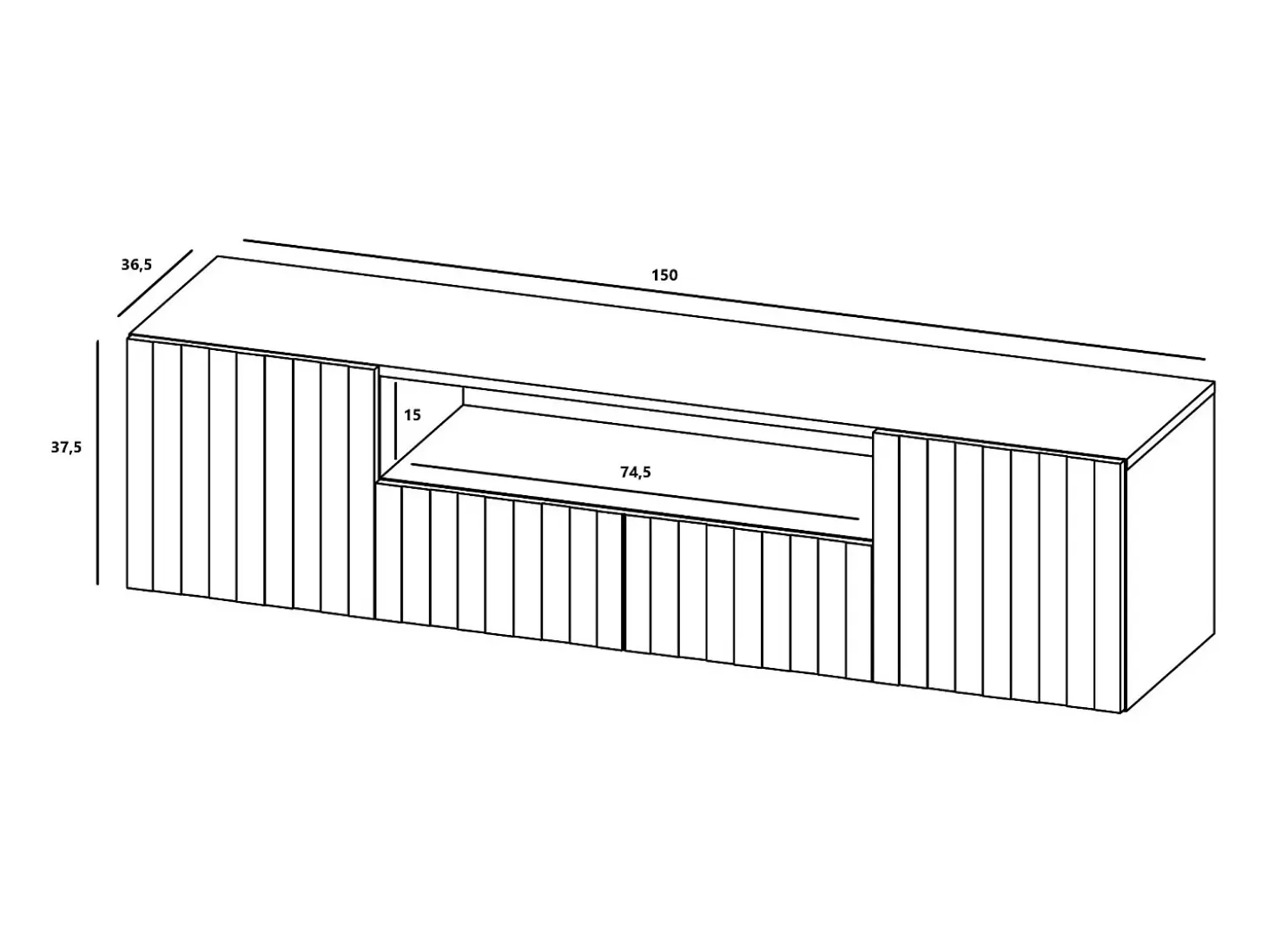 Mueble de TV con 3 puertas y nicho - Cuerpo Blanco mate, frentes estriados Blanco mate - 150 cm