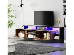 Mueble de TV con 2 puertas y estantes - 190 x 40 x 48,5 cm - LED - Tablero de partículas - Roble y negro