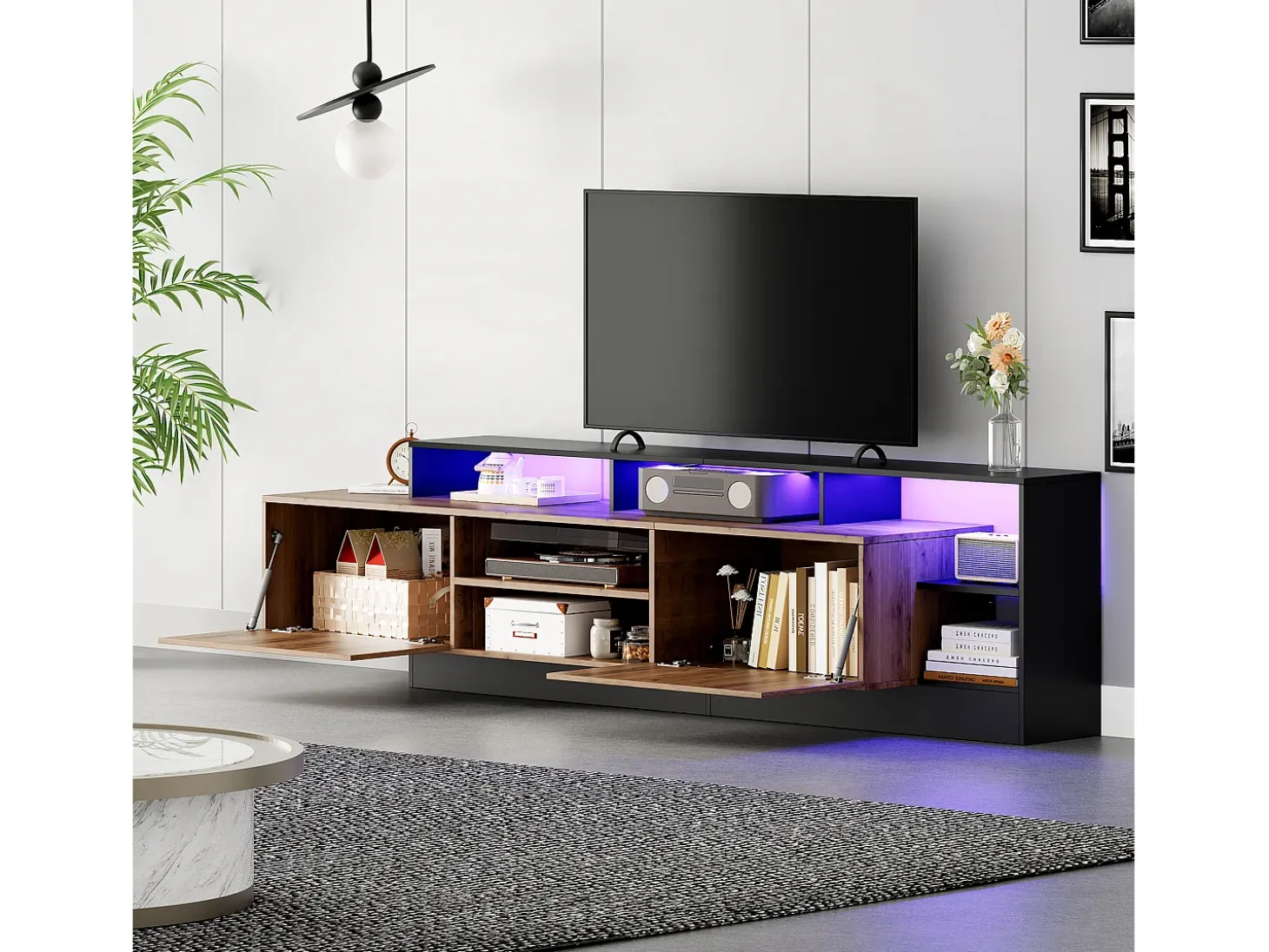 Mueble de TV con 2 puertas y estantes - 190 x 40 x 48,5 cm - LED - Tablero de partículas - Roble y negro