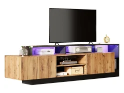 Mueble de TV con 2 puertas y estantes - 190 x 40 x 48,5 cm - LED - Tablero de partículas - Roble y negro