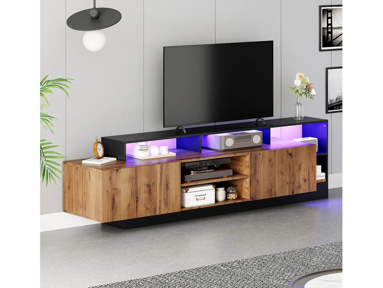 Mueble de TV con 2 puertas y estantes - 190 x 40 x 48,5 cm - LED - Tablero de partículas - Roble y negro