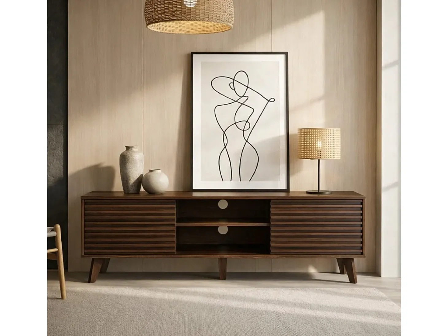 Mueble de TV con frentes de efecto madera estriada L135 cm - FRIBOURG