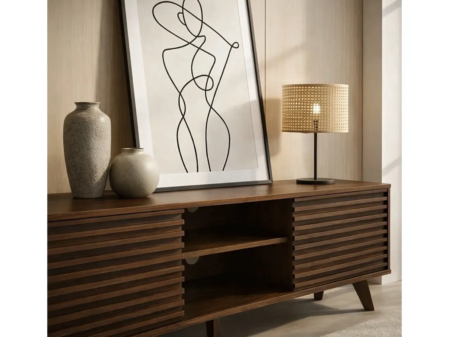 Mueble de TV con frentes de efecto madera estriada L135 cm - FRIBOURG
